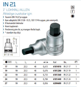 IN 21 1inç Lokmalı Allen Altıköşe Civatalar için (1) IN 21 1inç Lokmalı Allen Altıköşe Civatalar için (1)